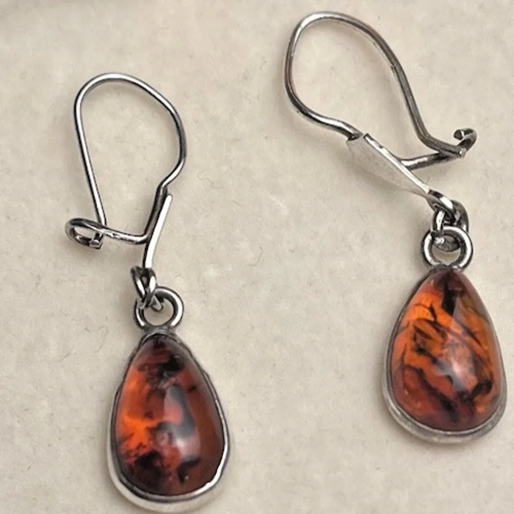 925 Sterling Silver Amber Dangle Drop Earrings Honey Cabochon Dainty Hook Lot